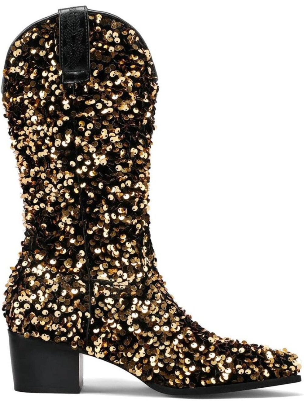 Women's Gold Sparkly Mid Calf Glitter Wedding Chunky Heeled Cowgirl Boots - Picture 5 of 5